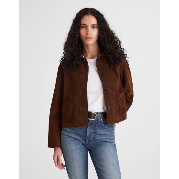 Madewell Suede Boxy-Crop Jacket In Dark Roast Suede Size Small NWT